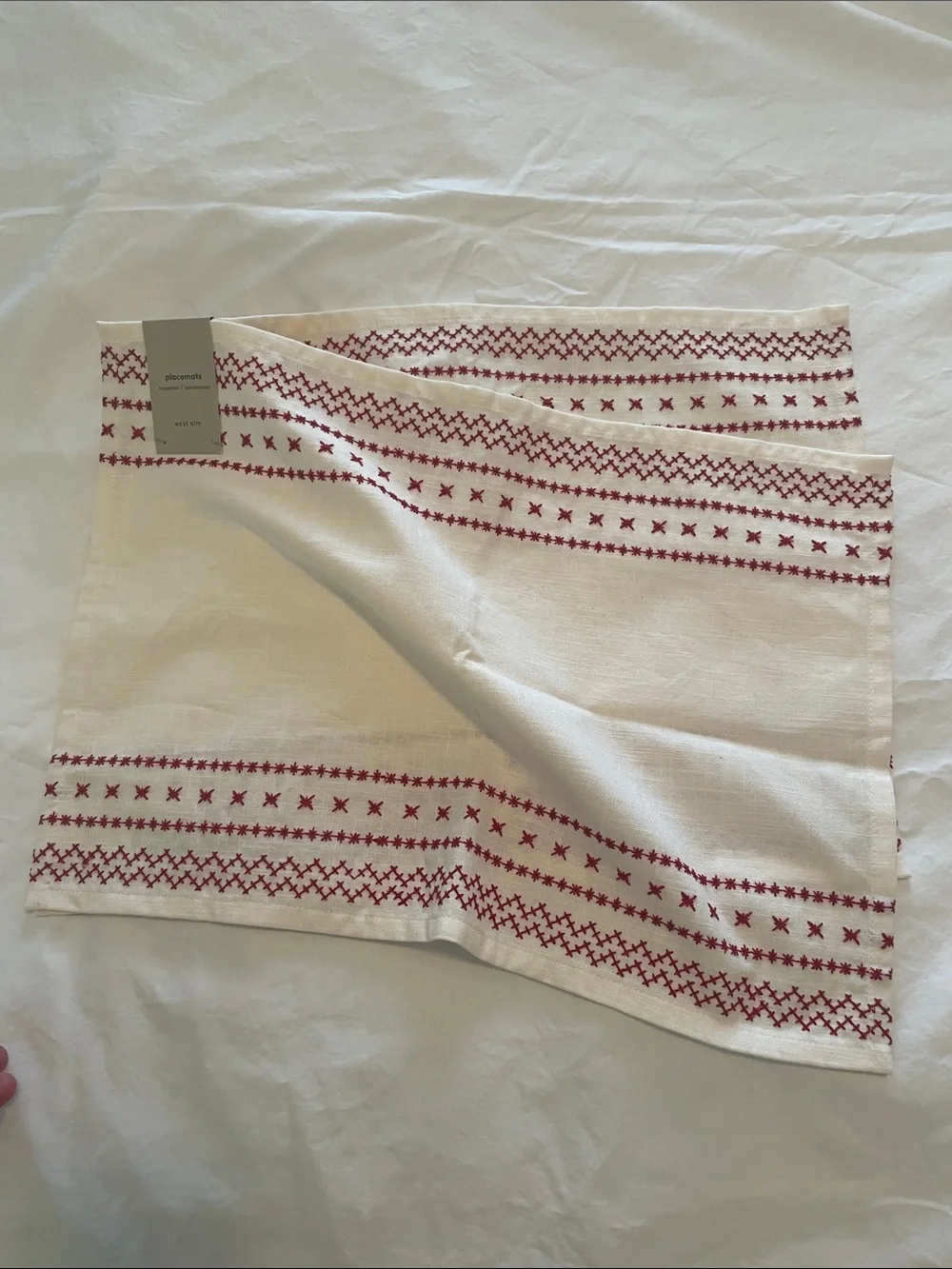 NWT West Elm Embroidered Cream Placemat with Red Cross-Stitch Trim